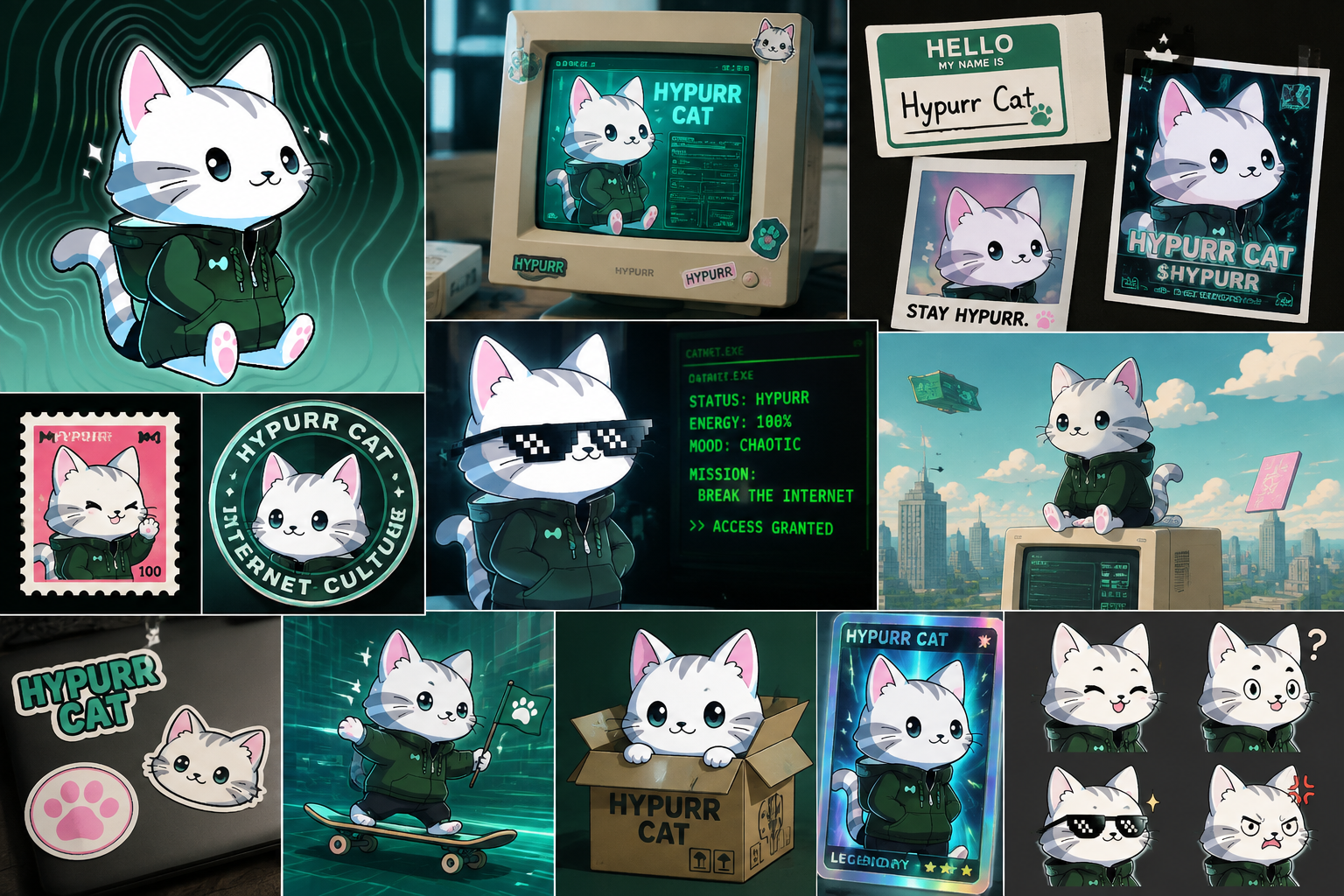 Hypurr Cat campaign collage featuring the original character across retro internet scenes
